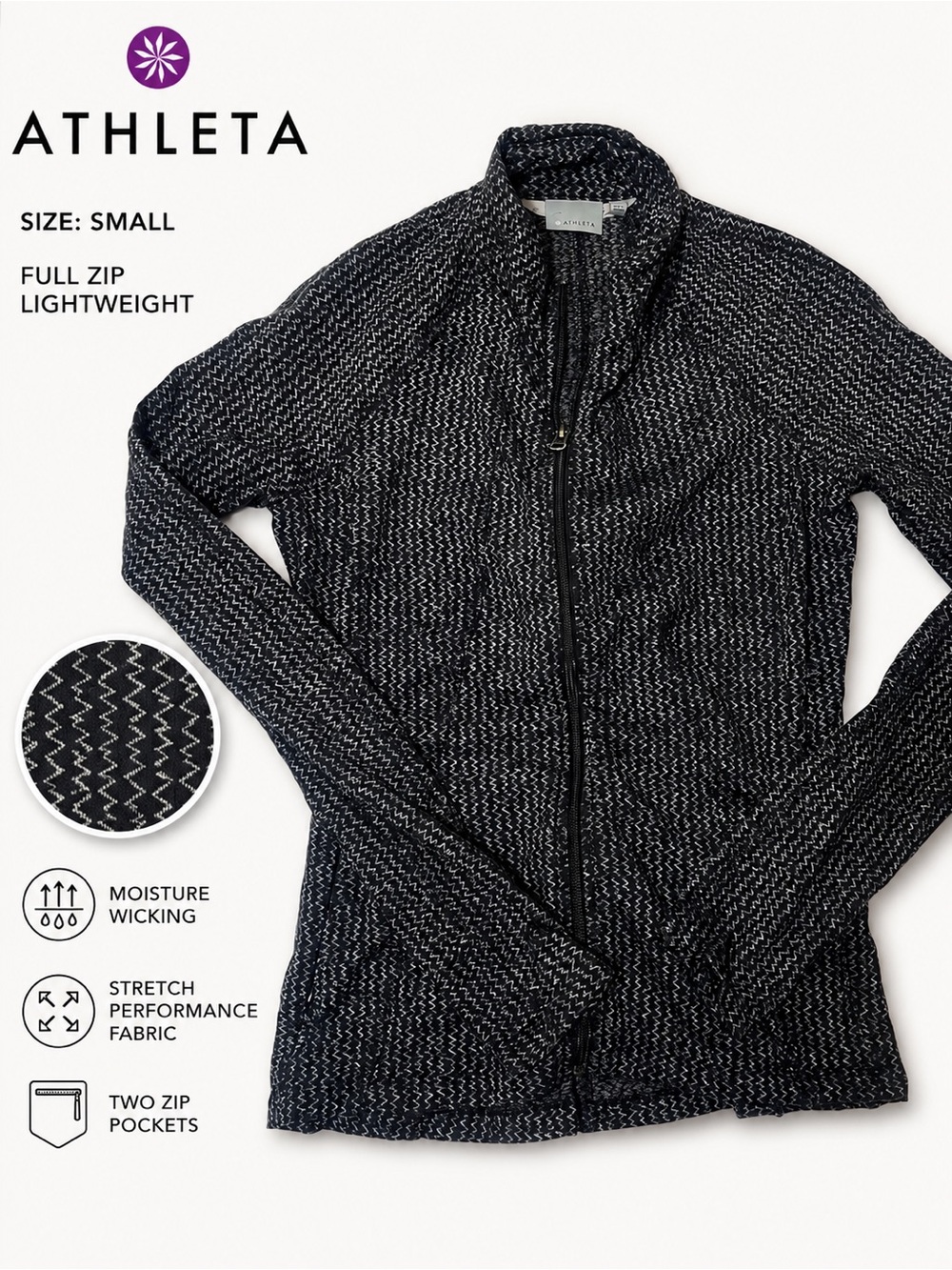 Athleta Full Zip Jacket Small Black Gray Print Lightweight Athletic Zip Up